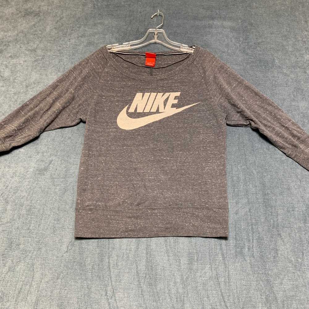 Nike Top Womens Small Charcoal Gray Cotton Swoosh Logo Round Neck Raglan Sleeve
